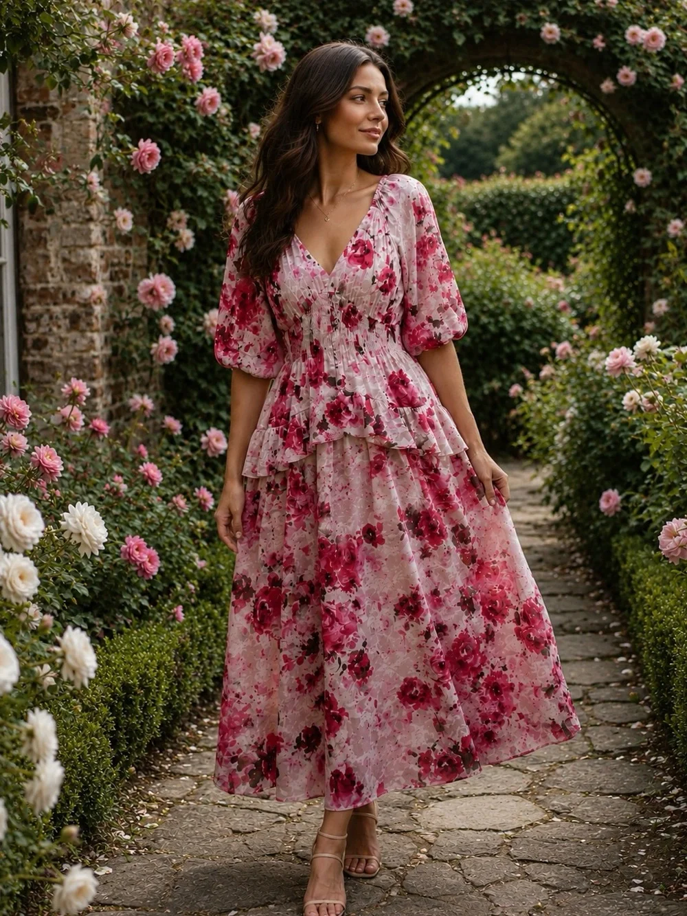 Floral Midi Dress Roses Smocked Waist Feminine Romantic Cottagecore Euro Summer - Picture 7 of 16